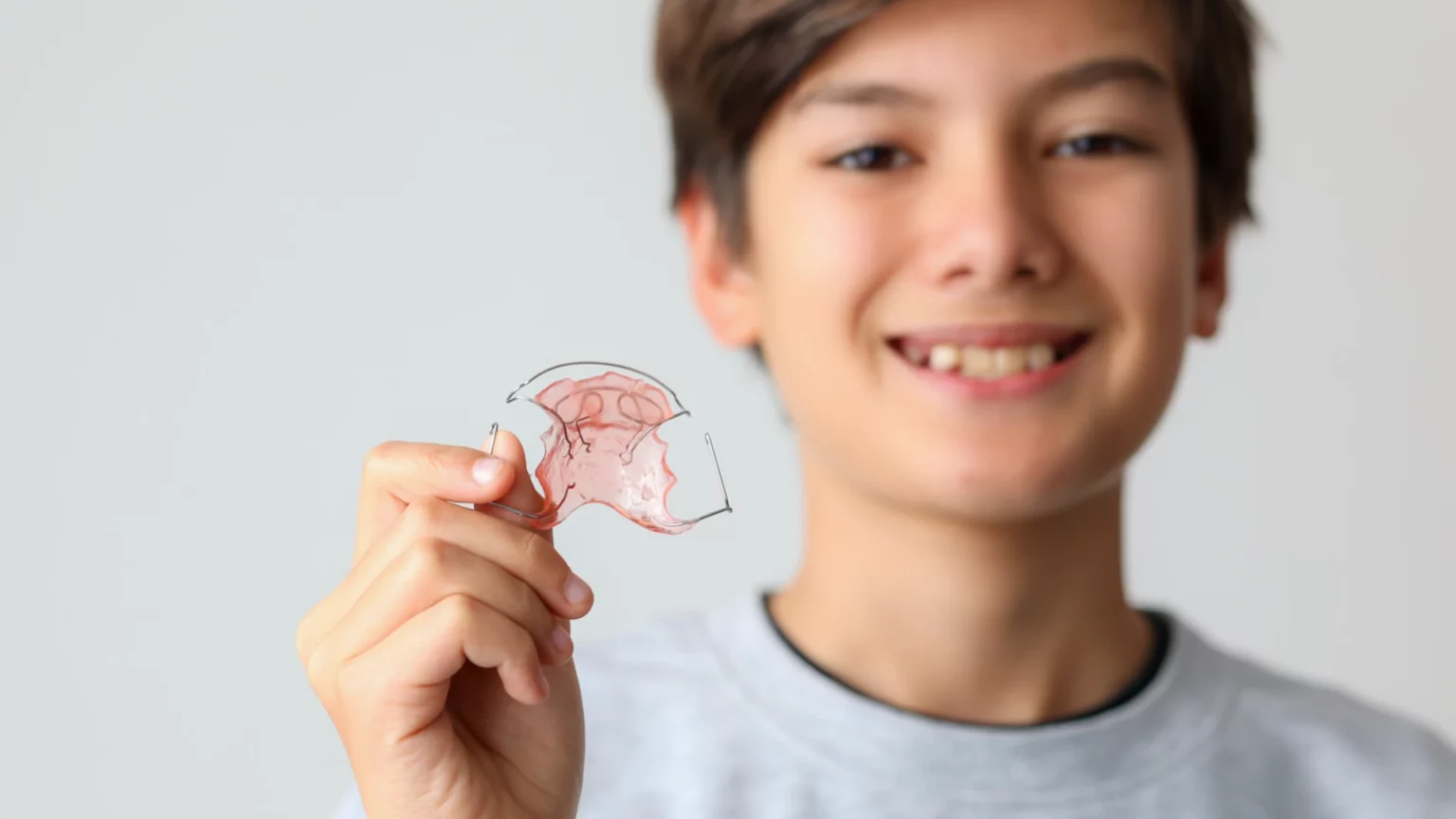 Criança a segurar um aparelho dentário removível.